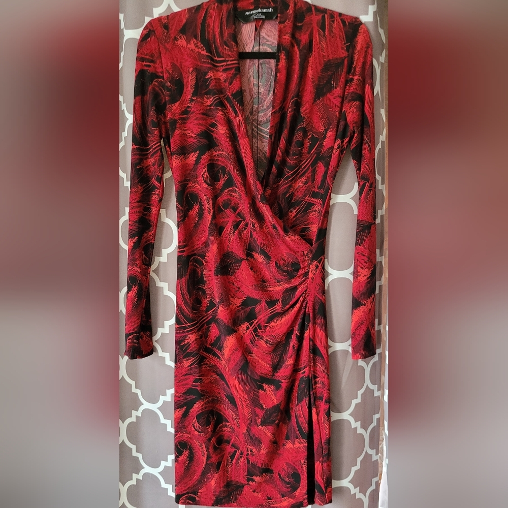 Norma Kamali Red and Black Wrap-Style Long Sleeve Dress